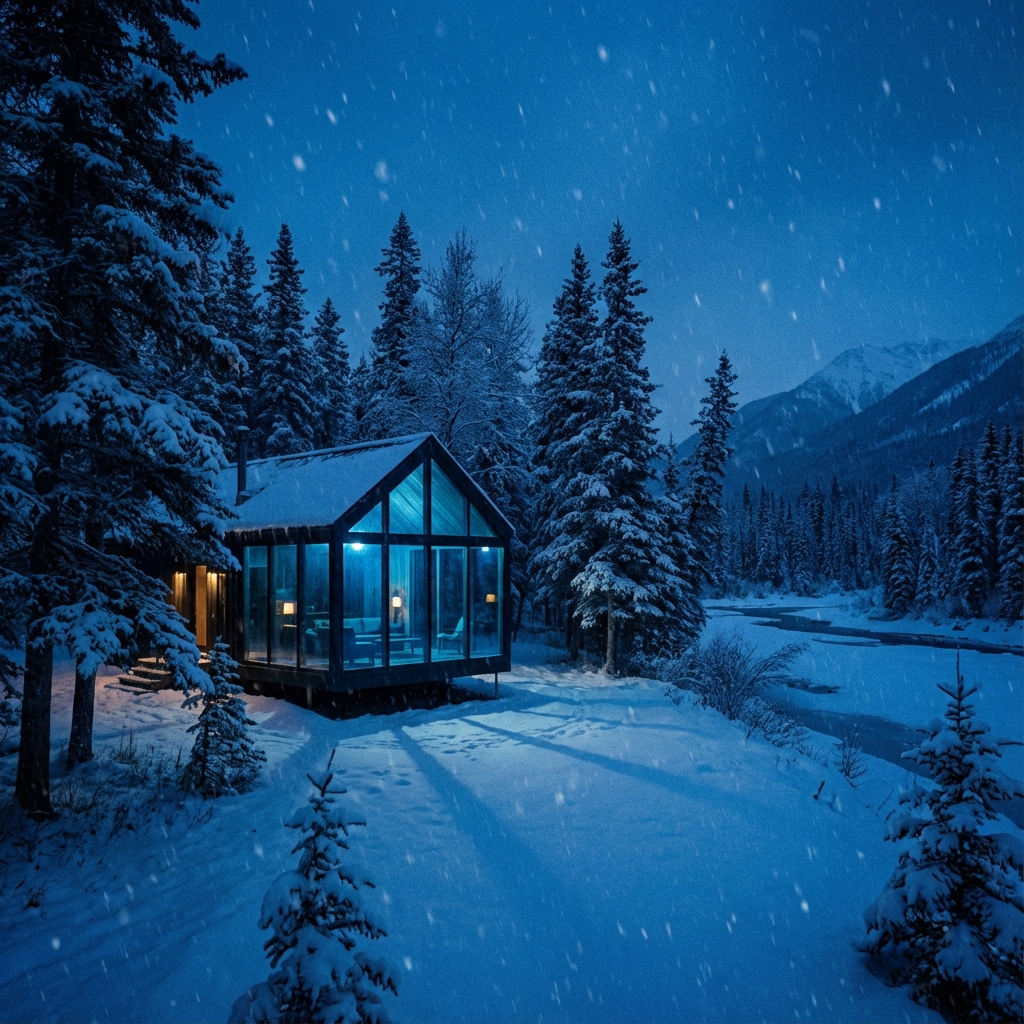 Glass cabin in snow - Off-Grid Cabin Iceland